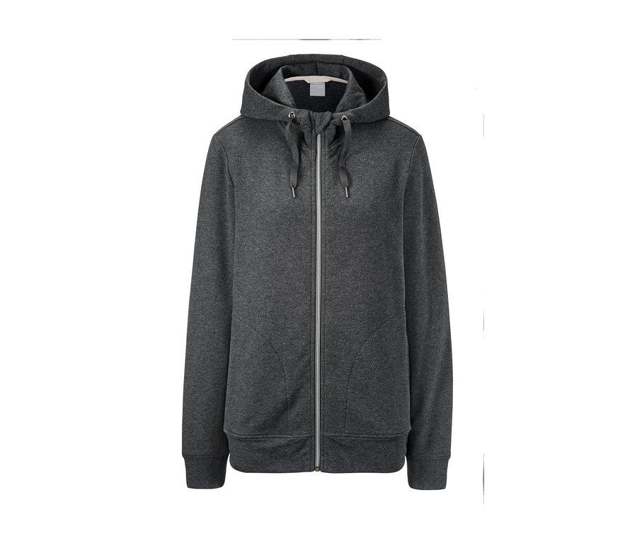 Graue Sweatjacke mit Reißverschluss in der Mitte.