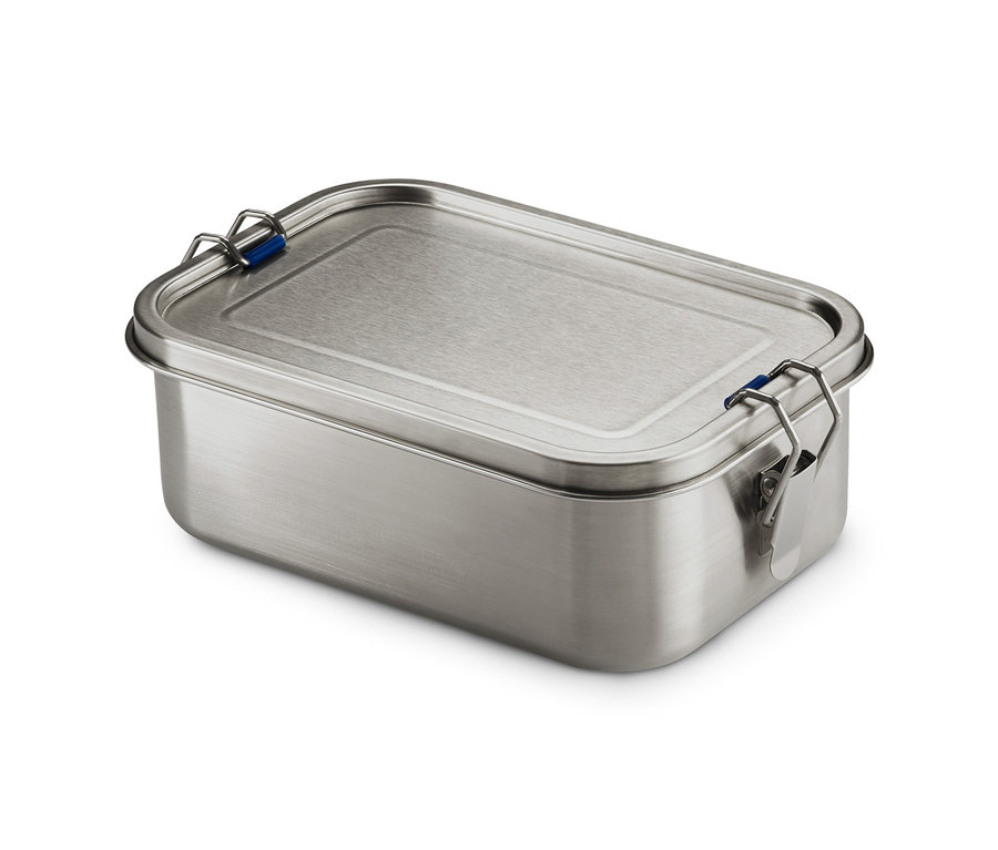 Eine To-go-Lunchbox aus Edelstahl mit blauen Akzenten.