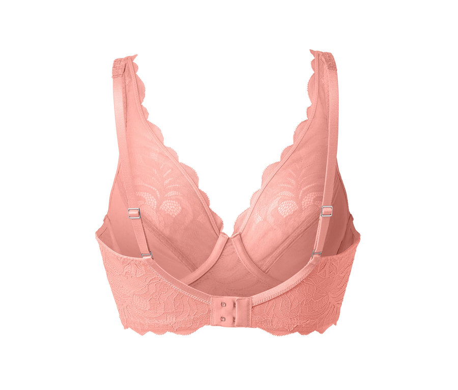 Detailaufnahme eines pfirsichfarbenen Bügel-BHs mit Spitze von hinten.