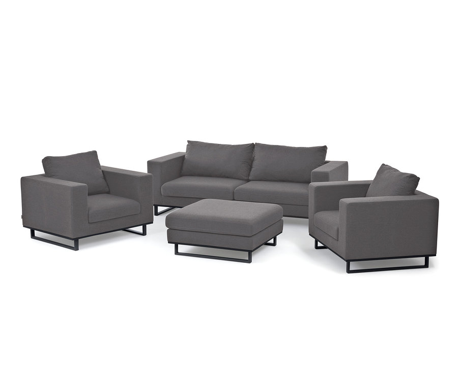 Graues Premium-Lounge-Set aus Sunbrella®-Stoff mit Sofa, zwei Sesseln und Fußhocker.
