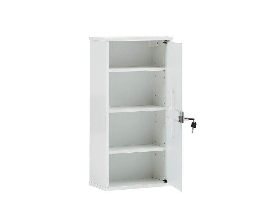Weißer Medikamentenschrank mit einer offenen Tür und Schlüssel im Schloss.