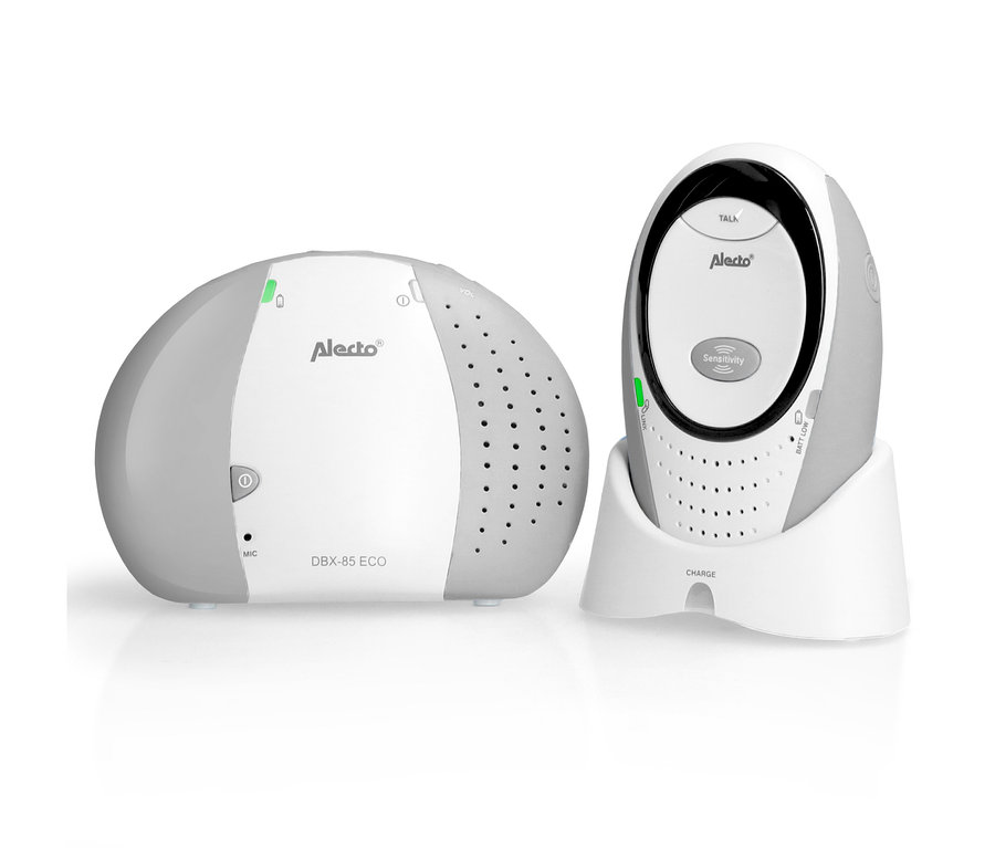 Das Alecto DECT Babyphone »DBX-85« mit Eltern- und Babyeinheit auf weißem Hintergrund.