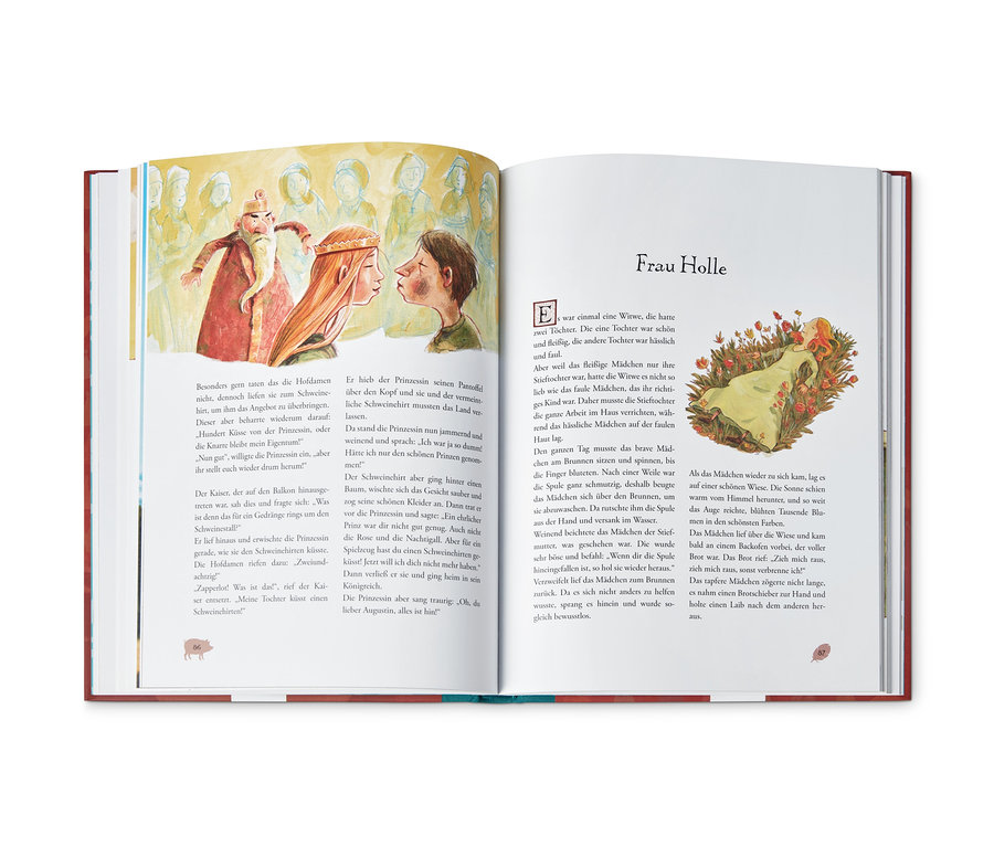Aufgeschlagenes Buch mit Illustrationen und Text. Buch »Mein großer Märchenschatz« ist sichtbar.
