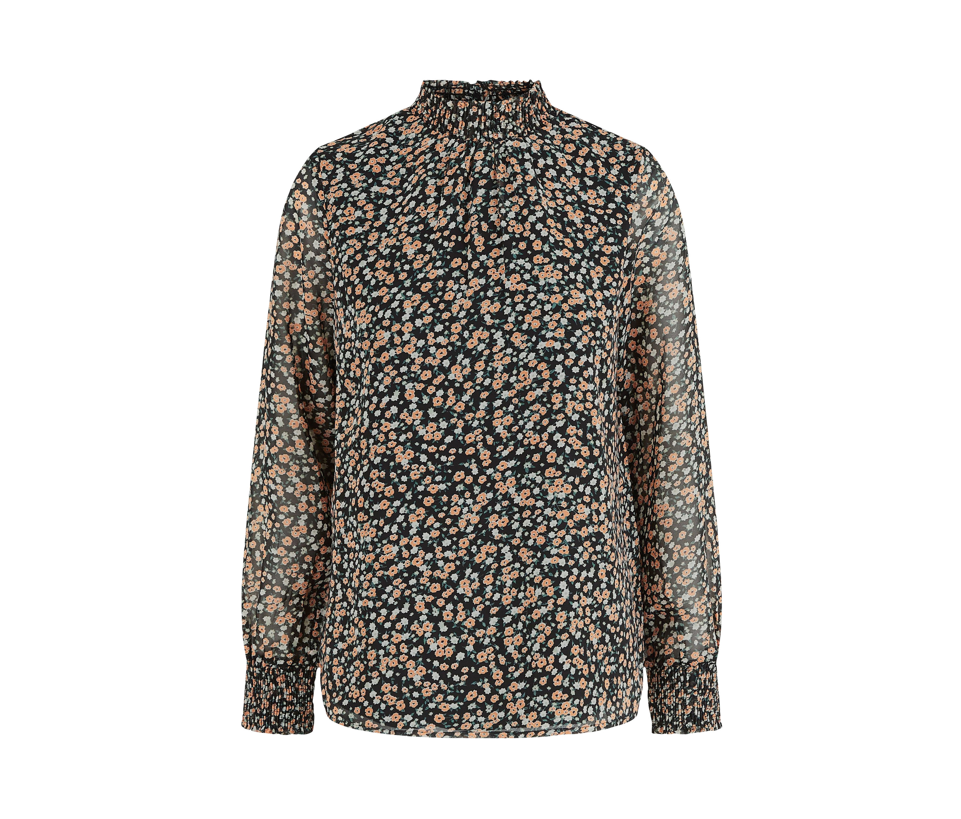 Eine schwarze Chiffon-Bluse mit Blumenmuster.