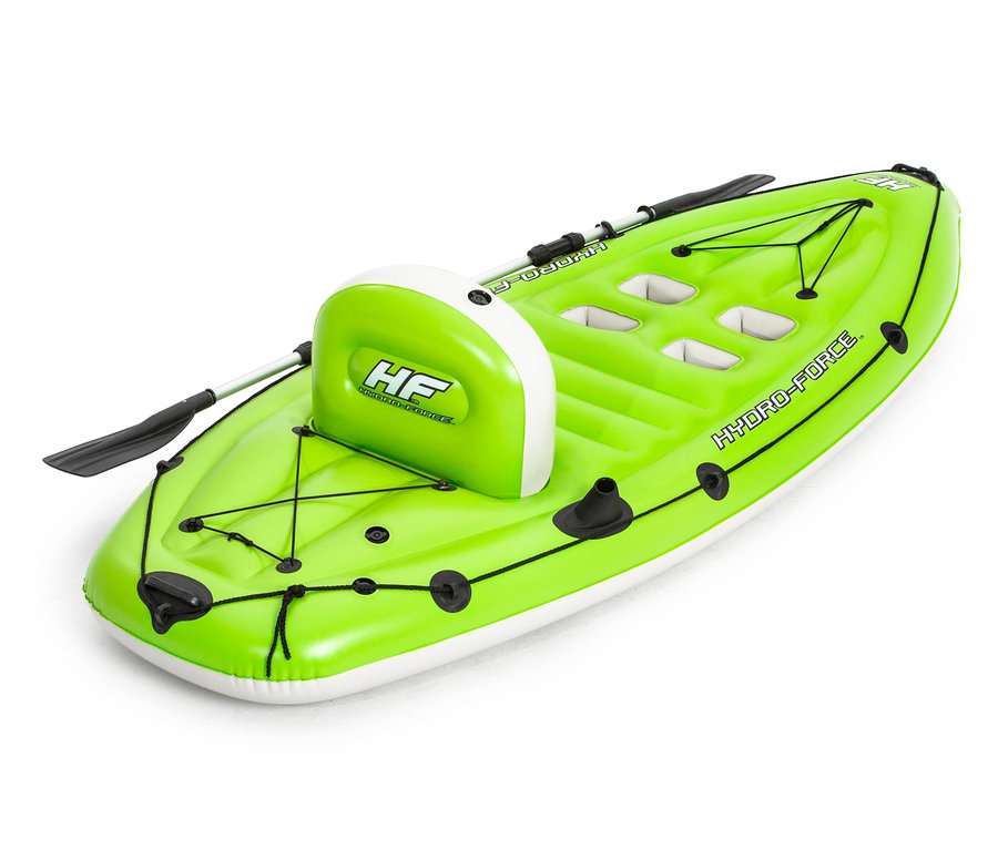 Grünes aufblasbares Kajak Bestway® Hydro-Force Angelboot-Set »Koracle« mit Paddel auf weißem Hintergrund.