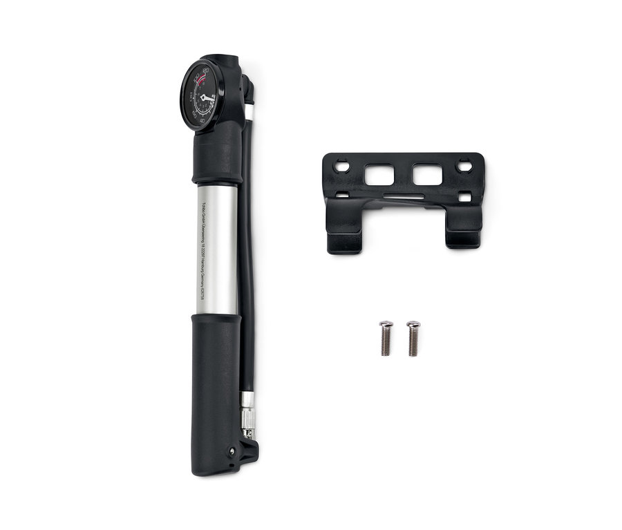 Eine schwarze und silberne 2-Wege-Minipumpe mit Halterung und Schrauben.