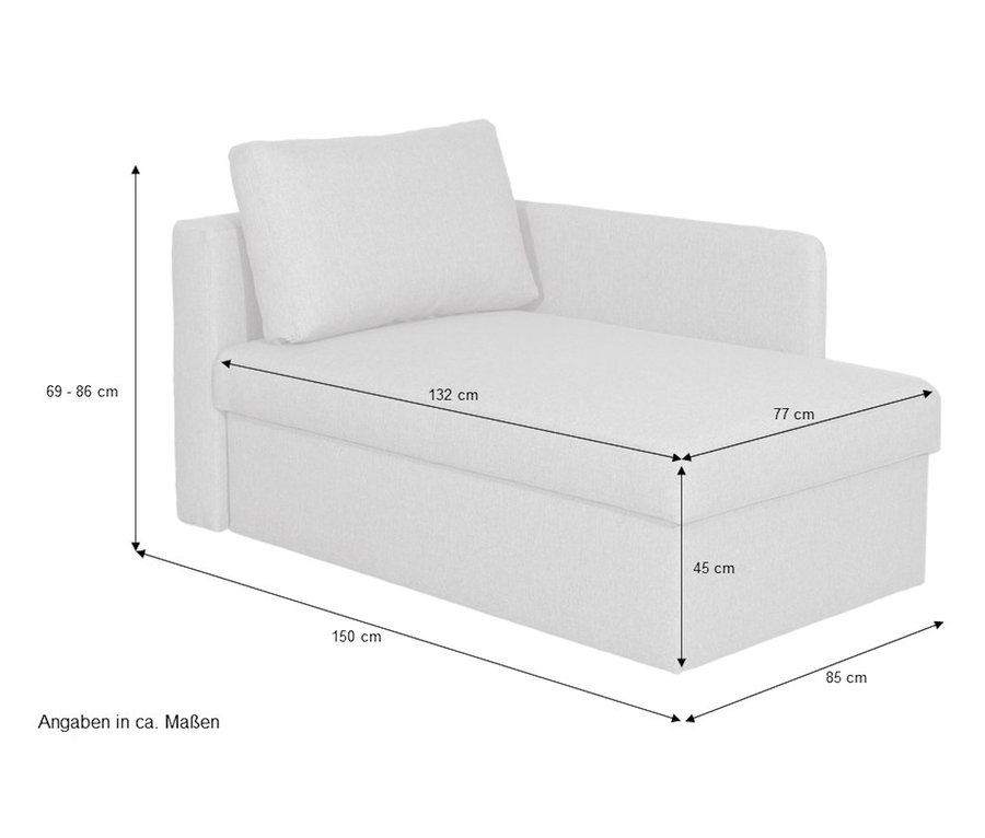 Abmessungen des grauen Schlafsofas »Mario« mit Stauraum, Ecke links.