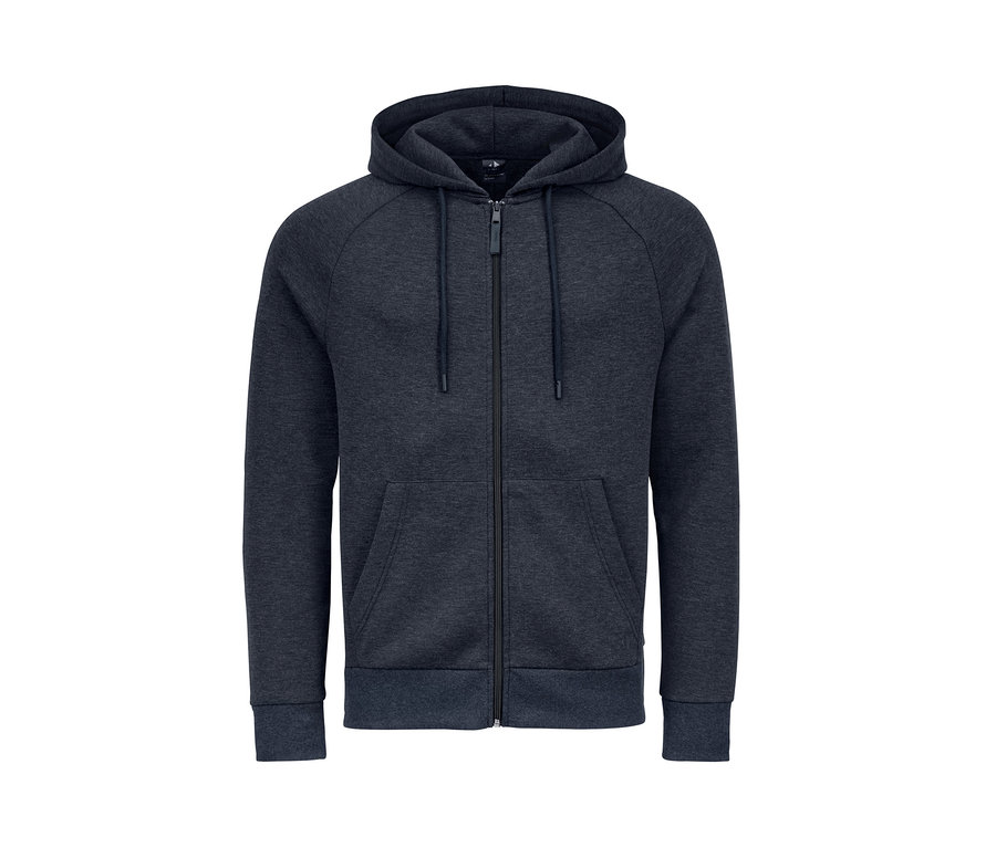 Eine dunkelblaue Funktionsjacke mit Reißverschluss und Kapuze.