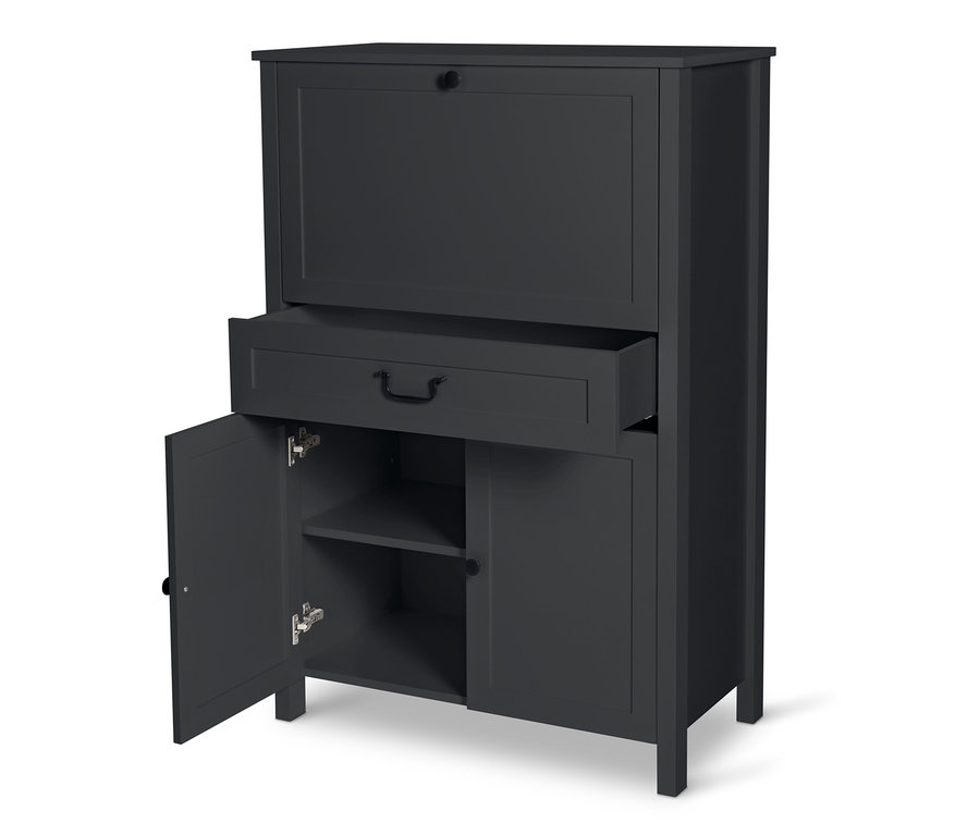 Schwarzer Officeschrank »Clara« mit geöffneter Tür und Schublade.