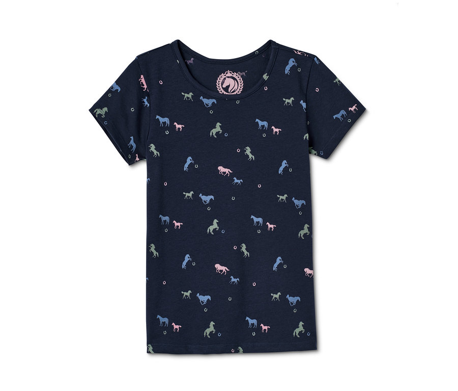 Dunkelblaues Shirt mit Pferde- und Hufeisenmuster.