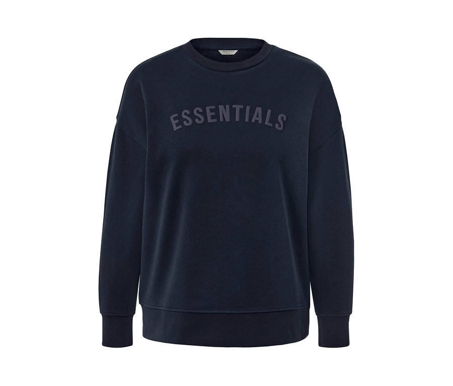 Dunkelblaues Sweatshirt mit dem Schriftzug "essentials" in der Mitte.