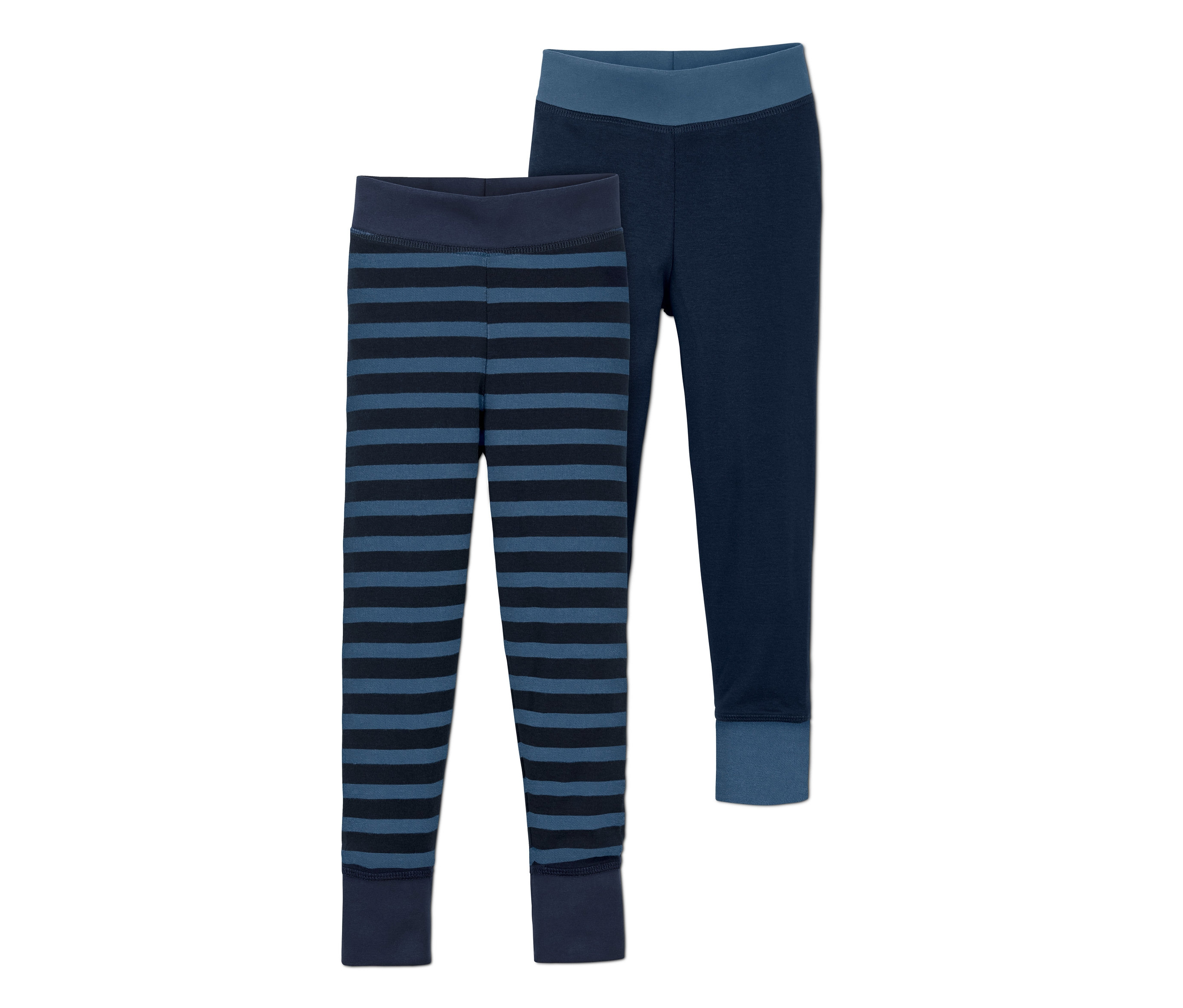 Zwei lange Unterhosen, eine blau gestreift, eine blau.