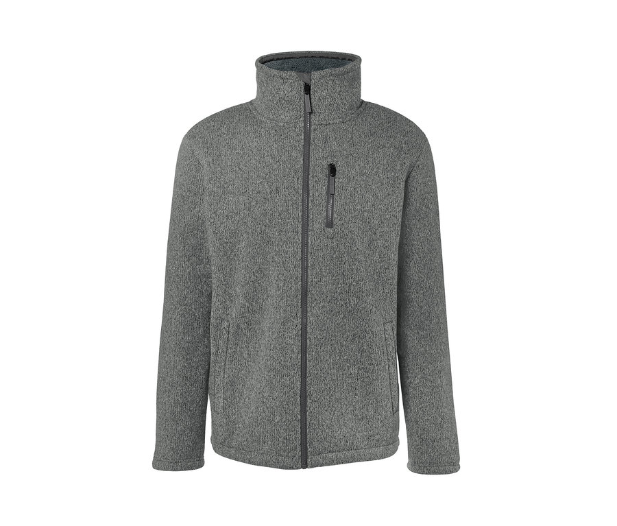 Graue Thermo-Strickfleecejacke mit Reißverschluss in der Mitte.