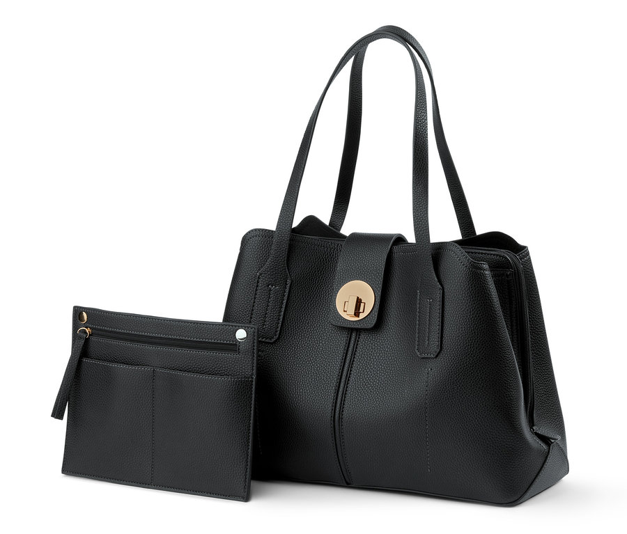 Schwarzer Shopper und eine Tasche.