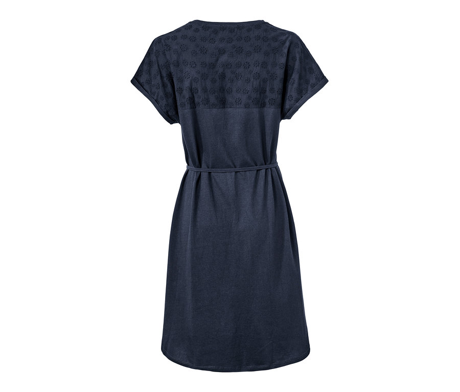 Dunkelblaues Jerseykleid mit Lochstickerei.