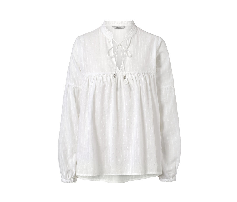Weiße Tunika-Bluse mit langen Ärmeln und Schnürung am Hals.