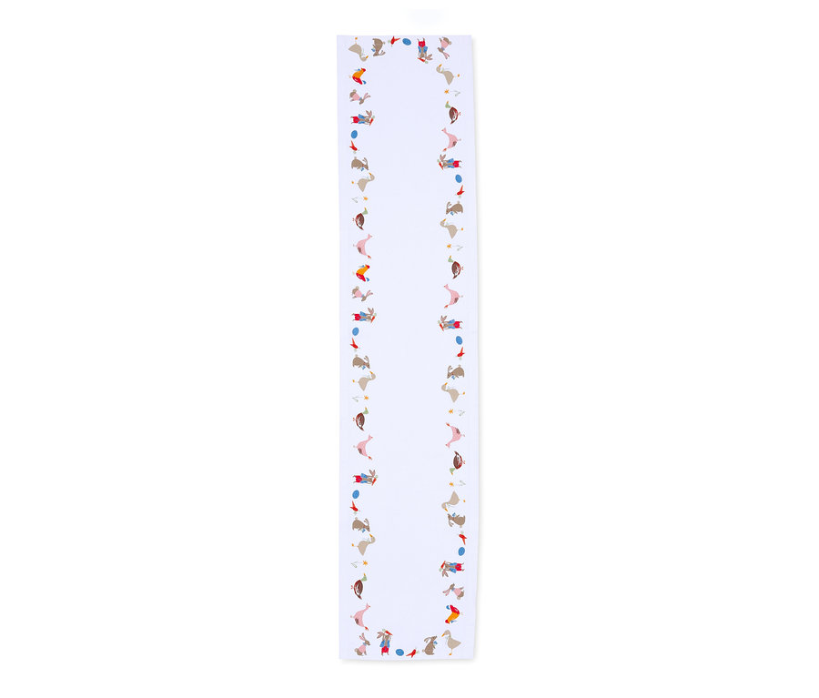 Tischläufer, Oster-Print mit Hasen, Vögeln und Eiern.