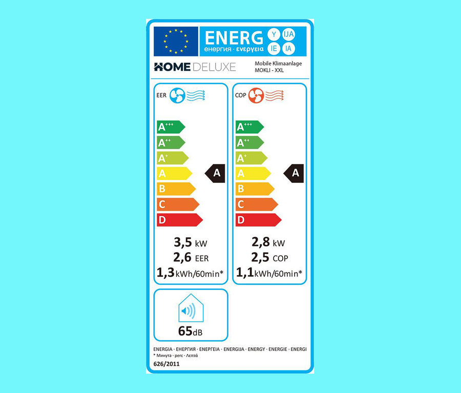 Energielabel der Home Deluxe Mobile Klimaanlage MOKLI XXL, Energieklasse A, mit Verbrauchs- und Leistungswerten.