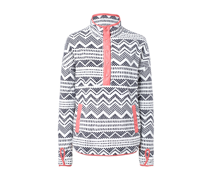 Weißer Fleecepullover mit Alloverprint und Knopfleiste.