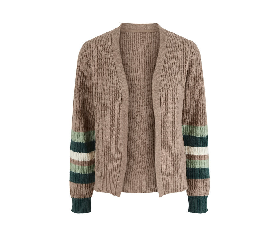 Eine offene, braune Strickjacke mit Streifen an den Ärmeln.