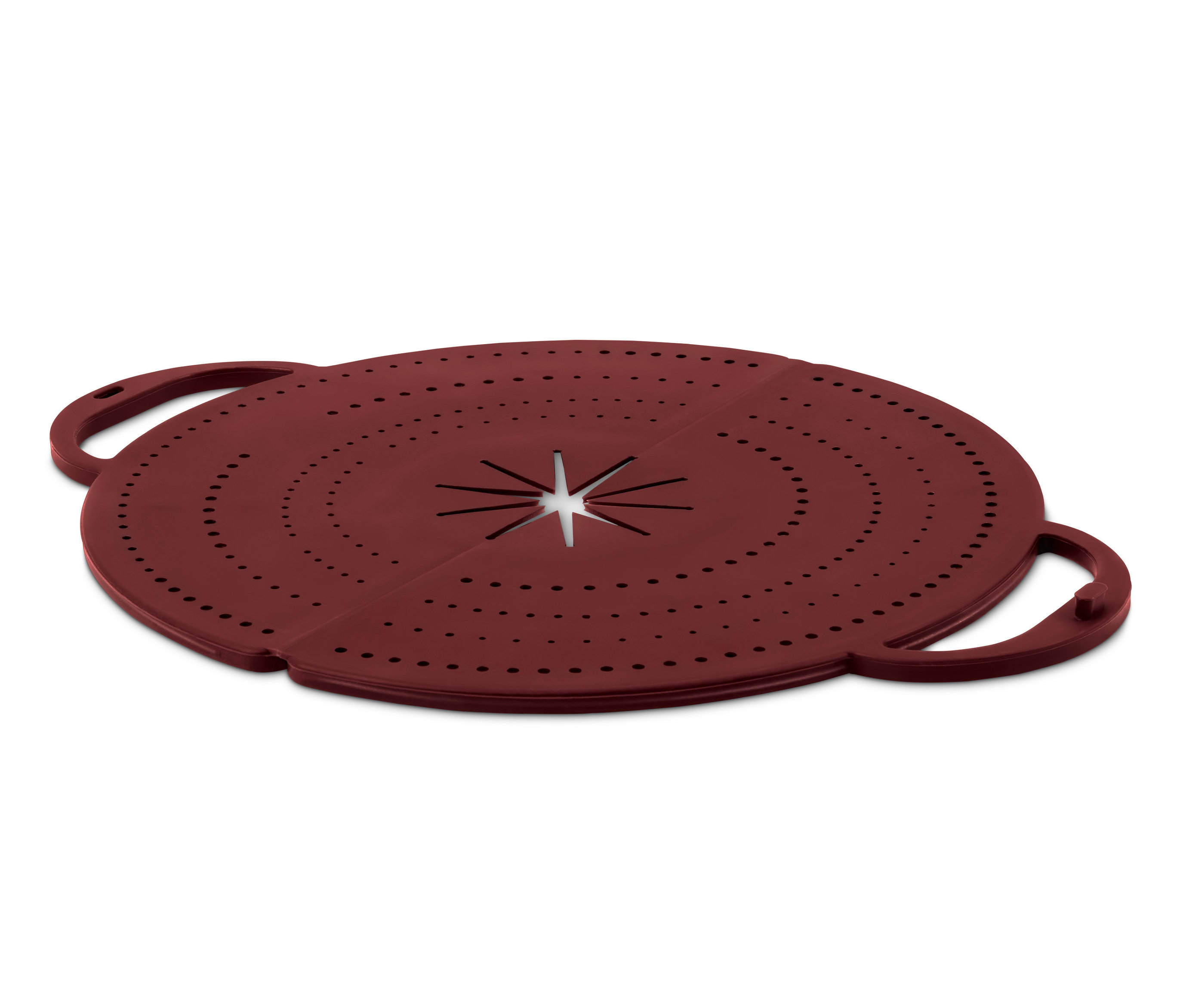 Ein roter 4-in-1-Pfannen-Spritzschutz mit Löchern und Griffen.