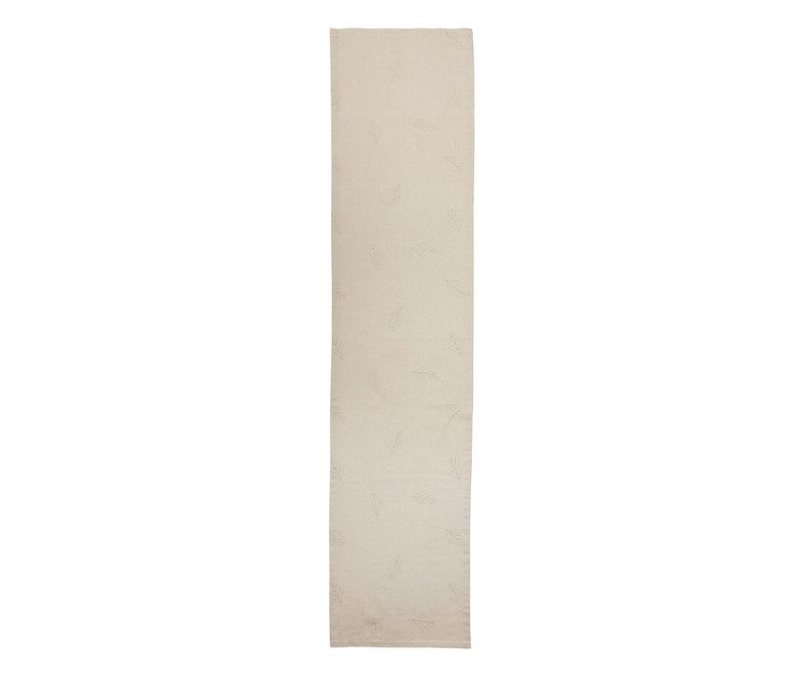 Ein offwhite Jacquard-Tischläufer mit einem dezenten Blattmuster.