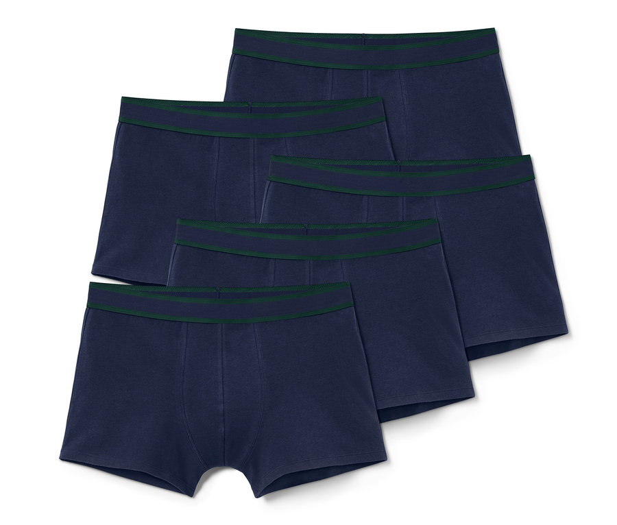 Fünf blaue Slipboxer mit dunkelgrünem Gummibund liegen übereinander.