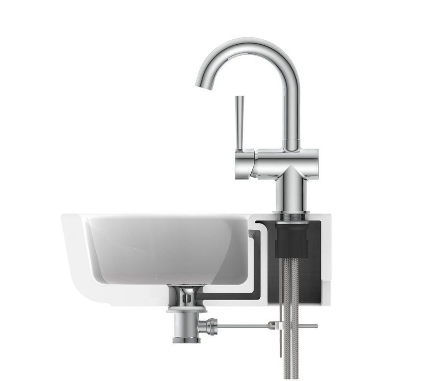 Detailansicht einer chromfarbenen Waschtischarmatur »Cornwall« montiert auf einem Waschbecken.