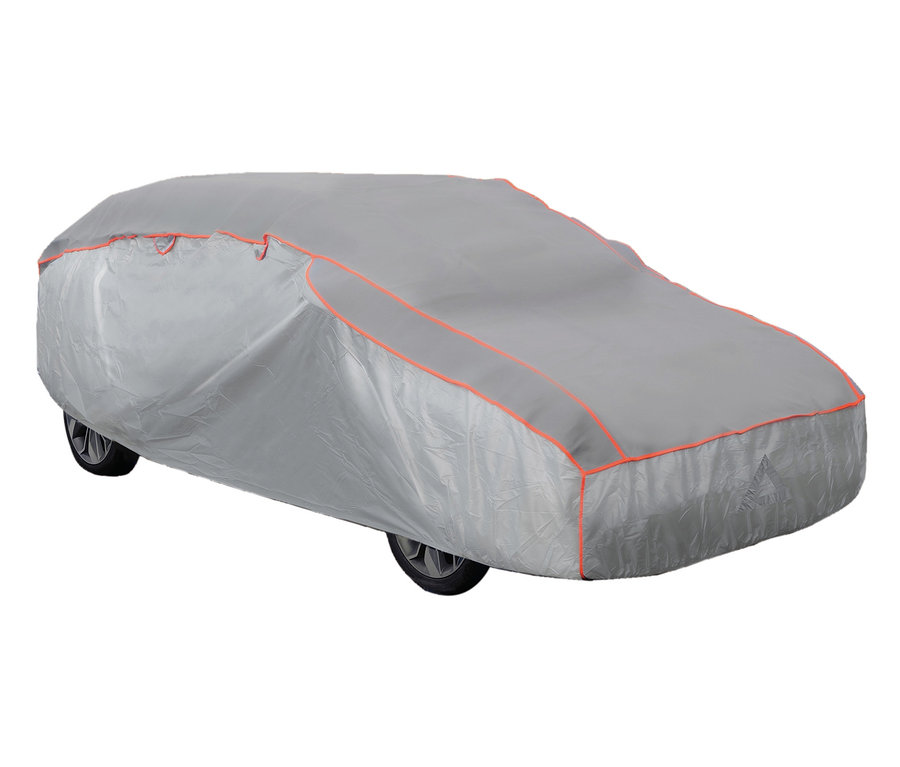 Graues Auto abgedeckt mit silberner APA-Hagelschutz-Ganzgarage, Gr. L.