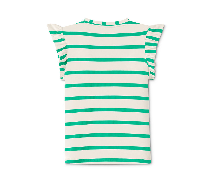 Rückansicht eines kurzärmeligen T-Shirts mit Rüschen und grünen Streifen. Packung mit 2 T-Shirts.