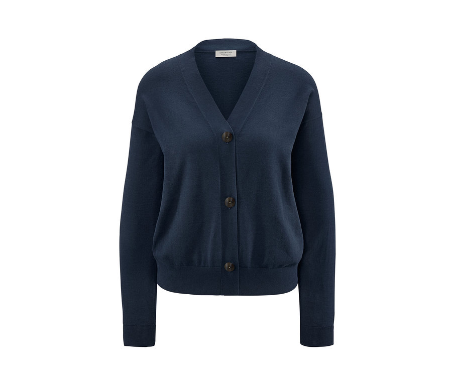 Dunkelblauer Cardigan mit V-Ausschnitt und braunen Knöpfen.