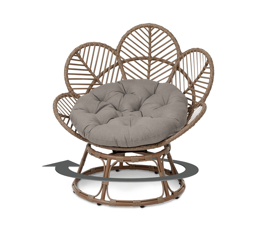 Ein brauner Drehkorbsessel »Flower« mit rundem, grauem Sitzkissen.