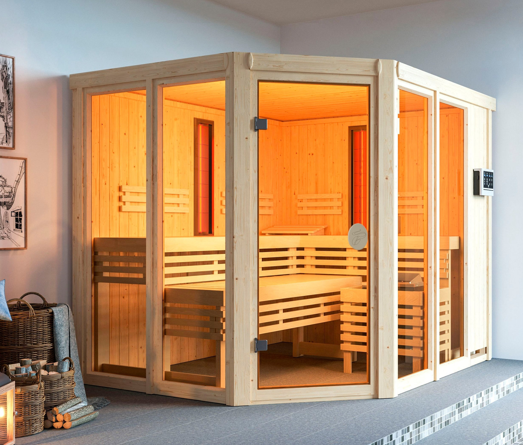 Innenaufnahme mit der Karibu Sauna »Scarlett Plus«, Bio, aus Holz, von innen beleuchtet, mit Bänken. Neben der Sauna stehen dekorative Körbe und Bilder an der Wand.