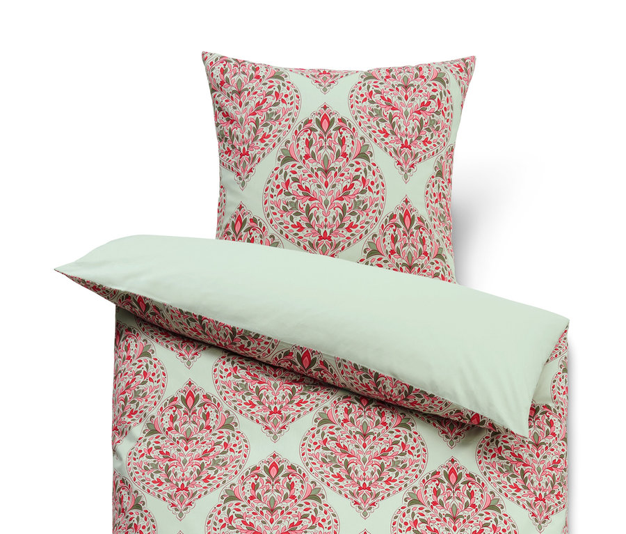 Bettwäsche-Set aus Baumwolle mit Blumenmuster in Rot und Grün, inklusive Kissen- und Deckenbezug.