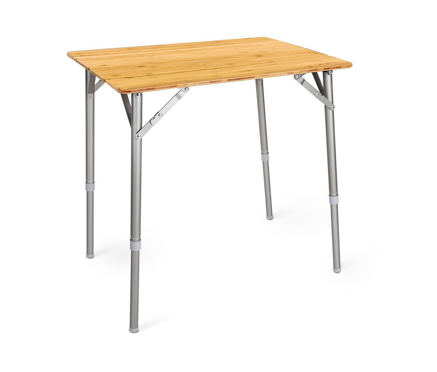 Ein rechteckiger Tisch mit klappbaren Metallbeinen und einer Bambusplatte. Laut Produktliste handelt es sich um einen kleinen Navaris Bambus-Campingtisch.