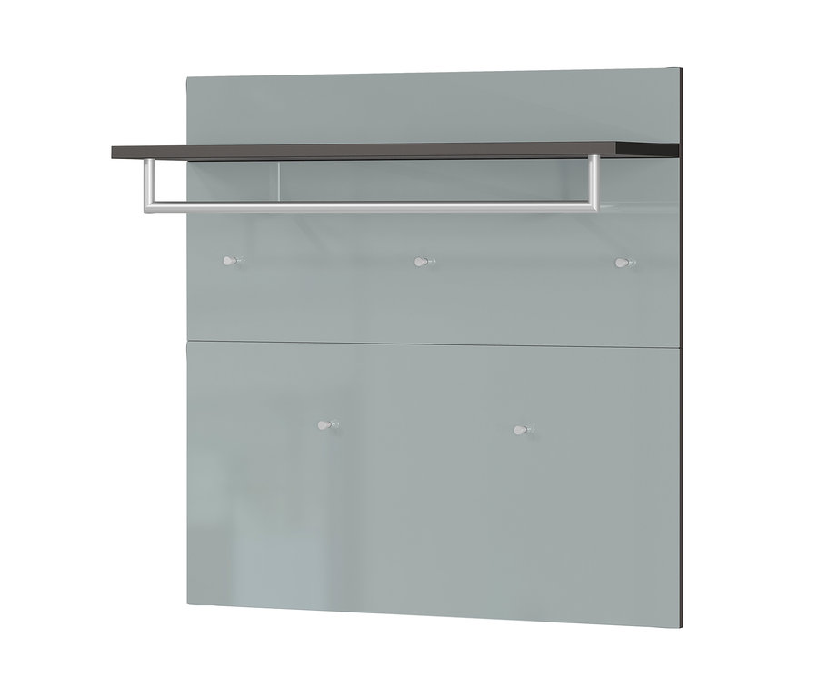 Graues Wandpaneel »Nordlia« mit braunem Regalbrett, silberner Kleiderstange und sechs Knöpfen.