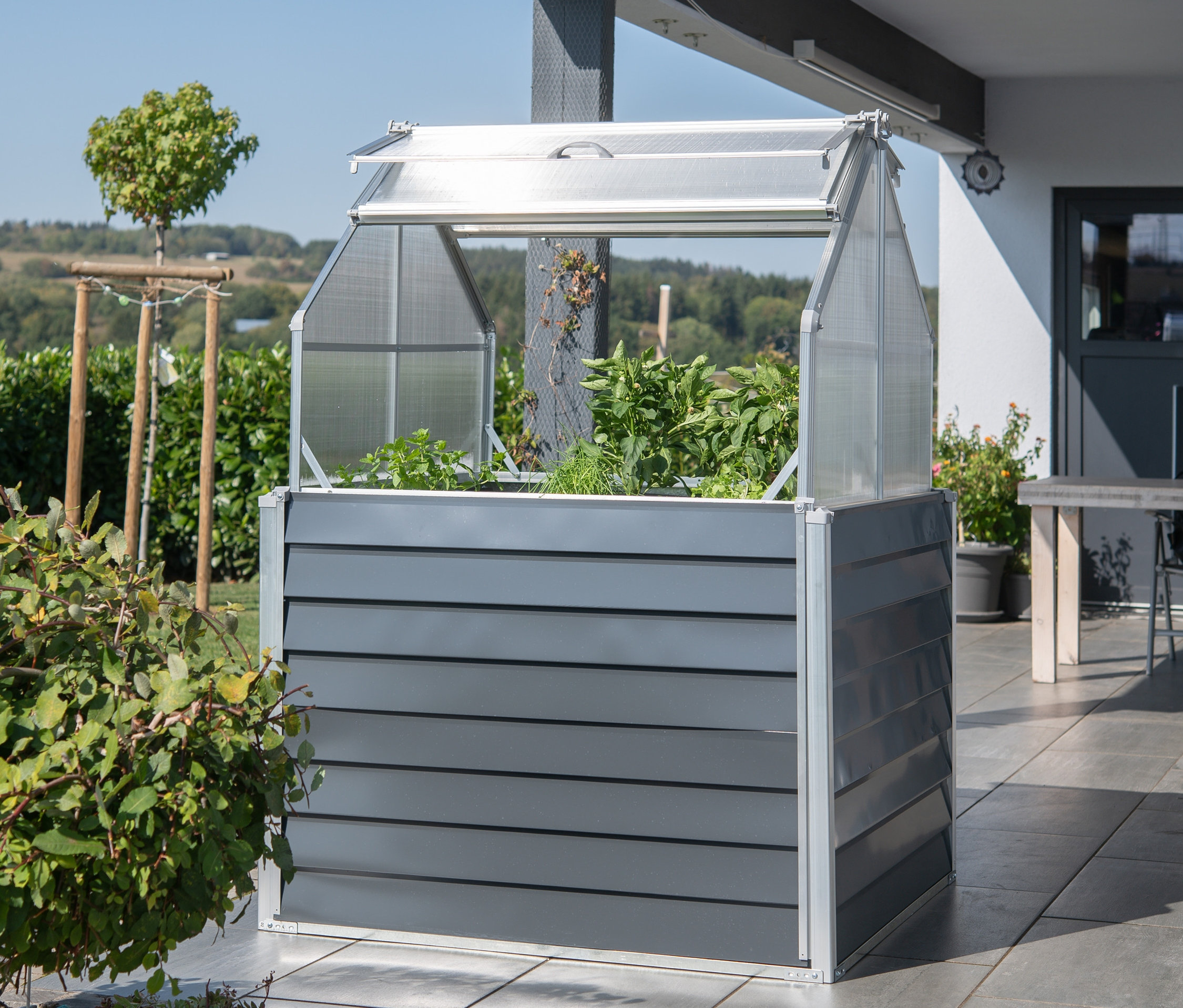 Hochbeet mit Frühbeetaufsatz.