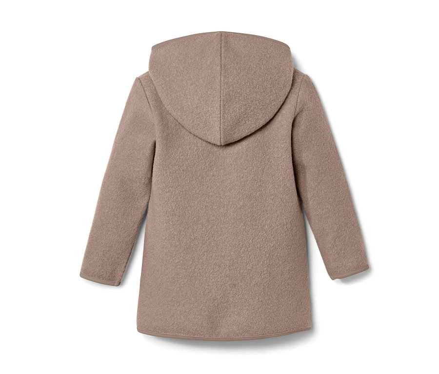 Rückansicht einer Kinder-Walkjacke mit Merinowolle und Kapuze.