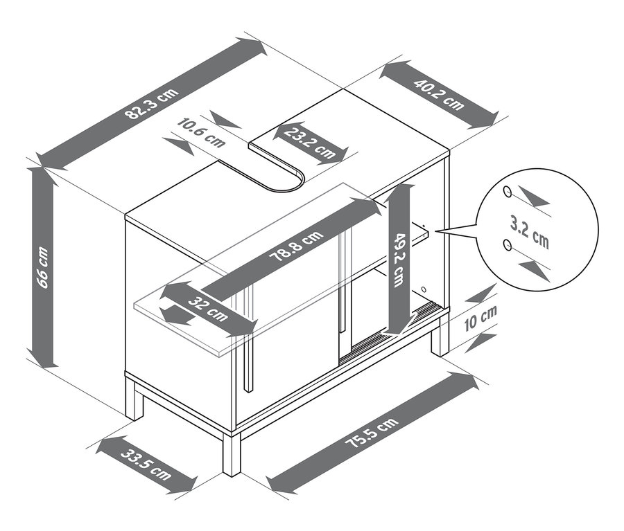 Abmessungen des Waschbeckenunterschranks "Eklund" mit 2 Schiebetüren.