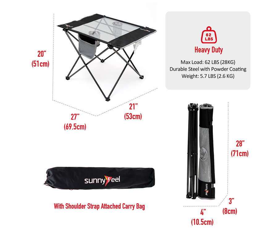Ein aufgebauter Camping-Textil-Klapptisch und seine Tragetasche mit Schultergurt.