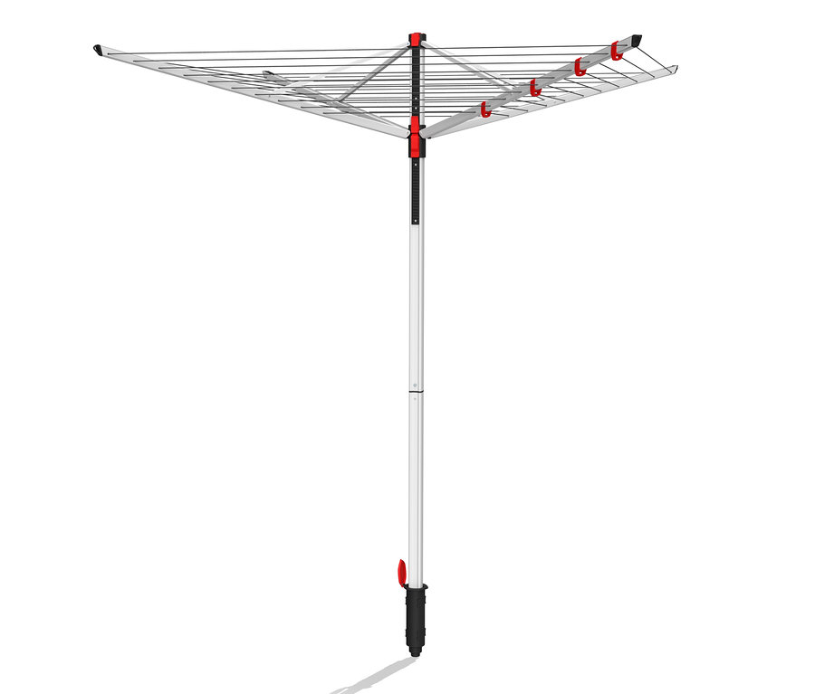 Illustration eines zusammenklappbaren Wäscheständers mit vier Armen. SUN-LIFT COMPACT Wäschespinne.
