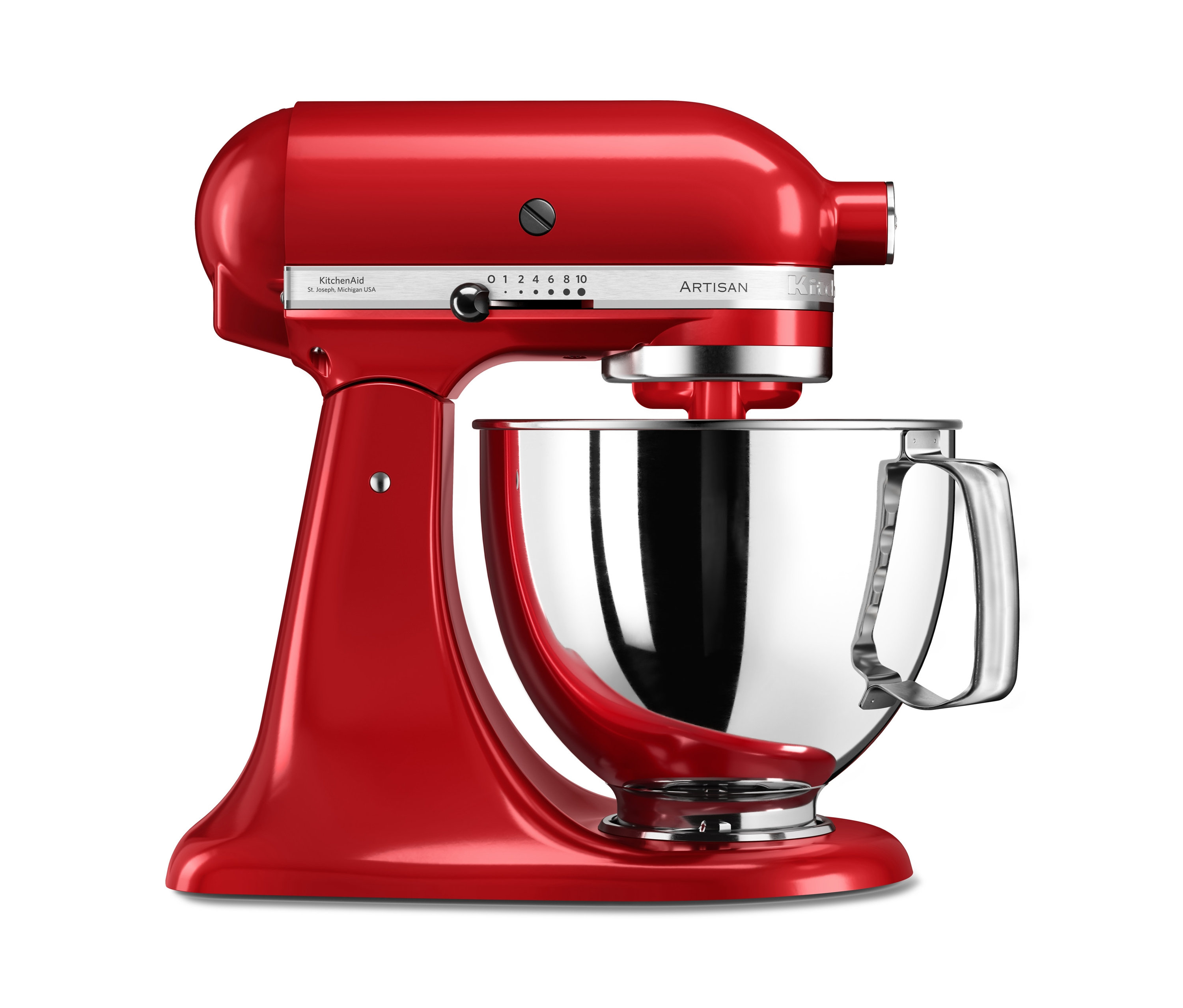 Rote KitchenAid ARTISAN Küchenmaschine mit Edelstahlschüssel.