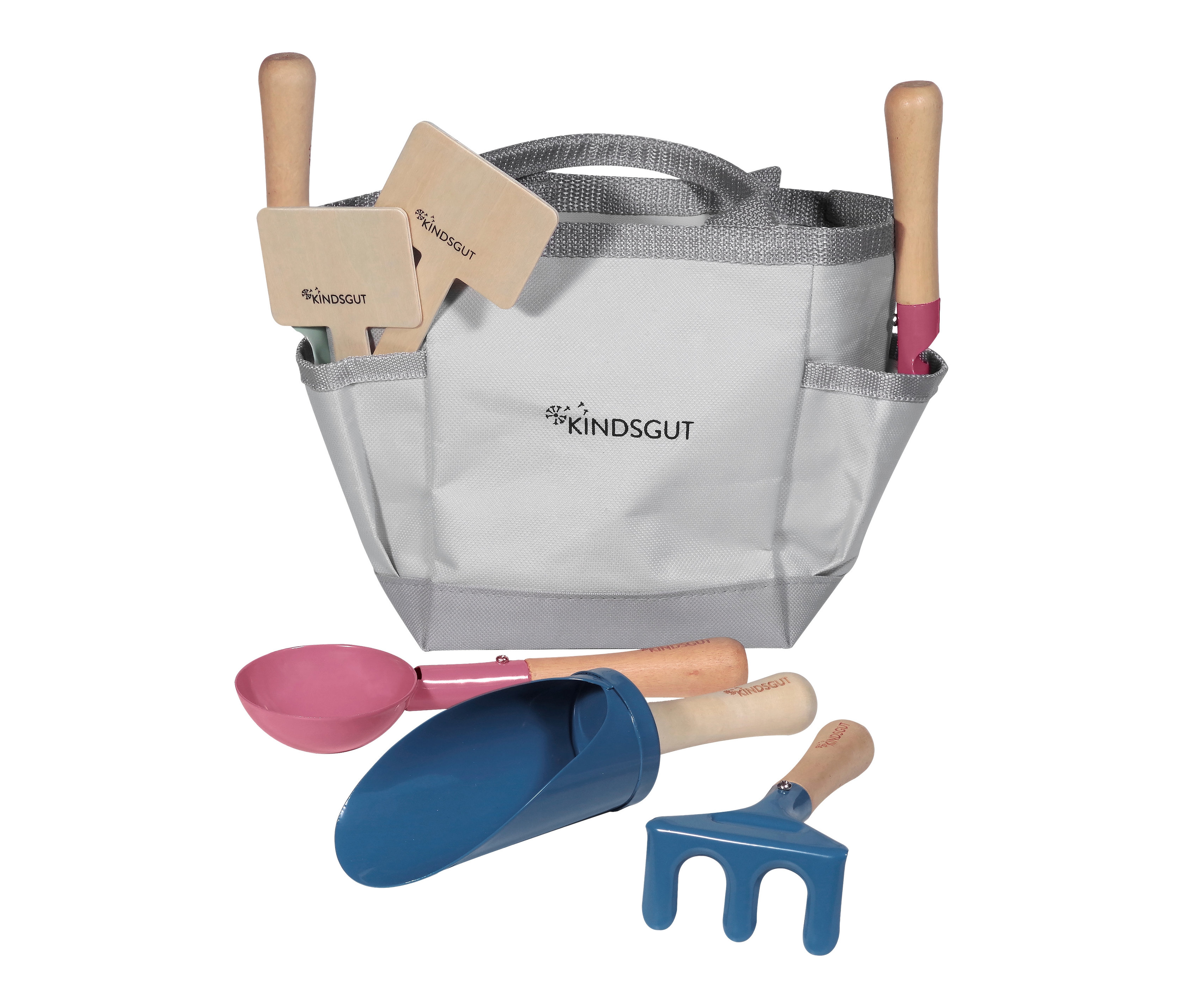 Kinder-Garten-Set in einer grauen Tasche und draußen.