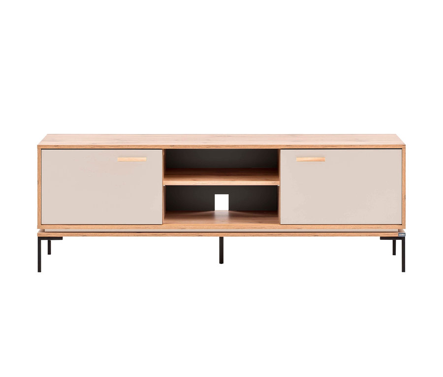 Beiger Schrank mit zwei Türen und zwei offenen Regalen. Gezeigt wird ein LOOKS by Wolfgang Joop Lowboard, beige.