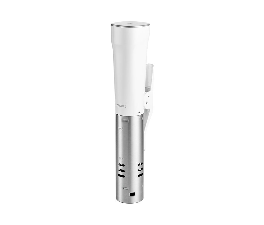 Detailaufnahme des ZWILLING Vakuum-Starter-Sets »Sous Vide« mit weißem Oberteil und silbernem Unterteil.