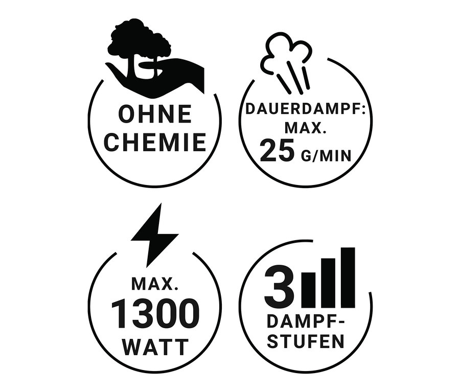 Vier schwarze Kreissymbole zeigen Produkteigenschaften. 'Ohne Chemie', 'Max. 25 g/min Dampf', 'Max. 1300 Watt' und '3 Dampfstufen'.