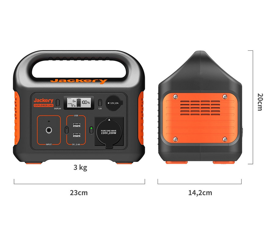 Zwei Ansichten des schwarzen und orangefarbenen Jackery Explorer 240 Kraftwerks mit Abmessungen.