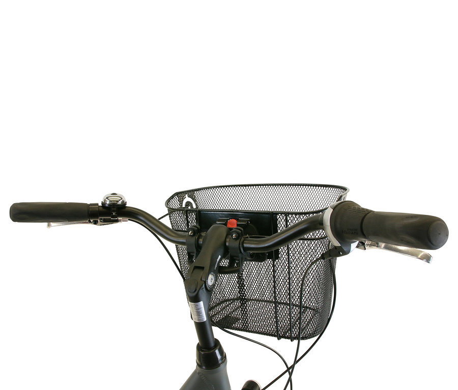 Detailaufnahme eines grauen HAWK Bikes Fahrrads »City Wave Deluxe Plus« mit schwarzem Drahtkorb.