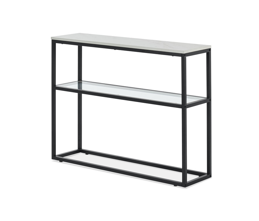 Konsole in Marmoroptik mit schwarzem Rahmen und Glasablage.