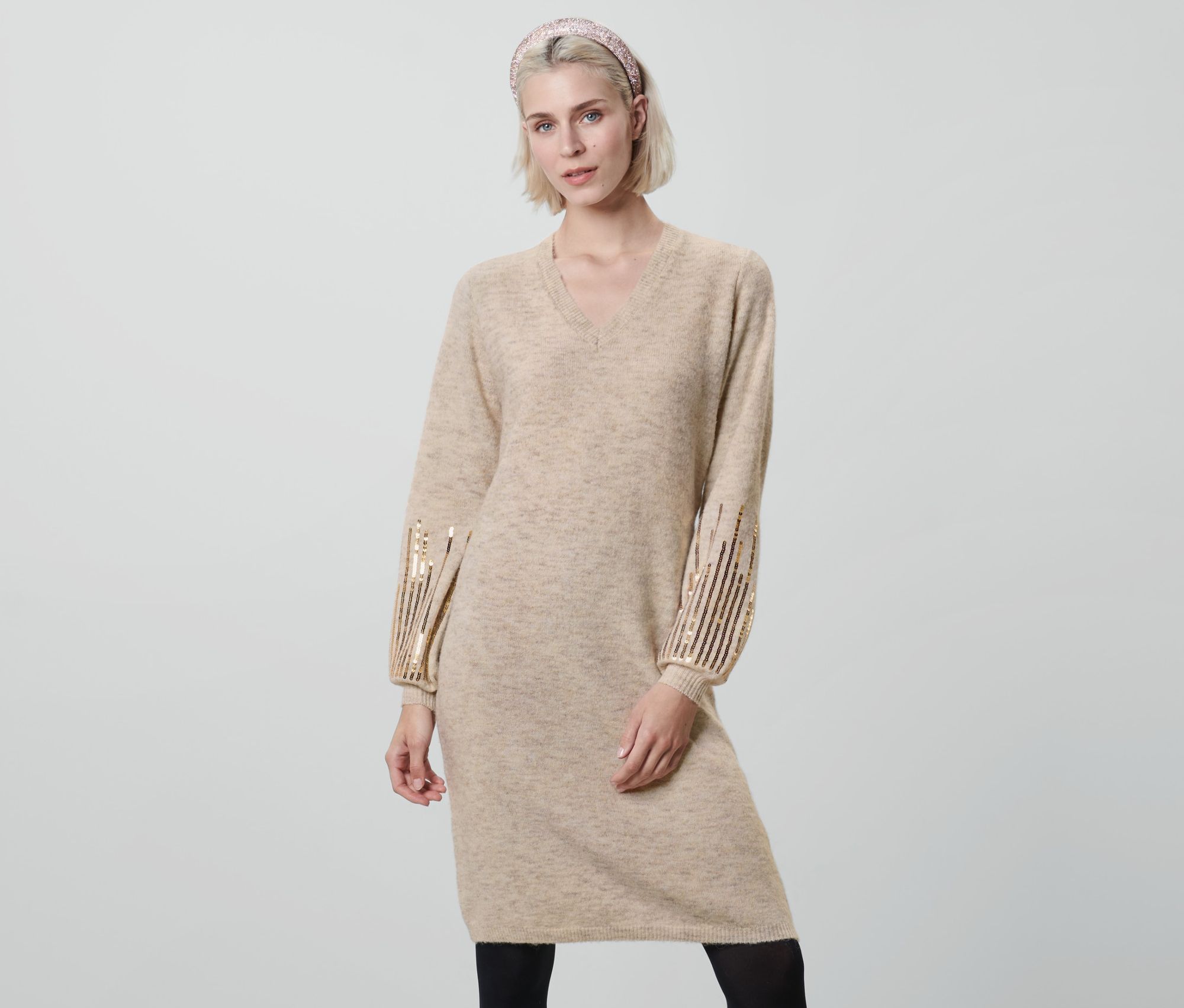 Thumbnail - Tchibo - Strickkleid mit Pailletten - Damen - Gr. XS - beige